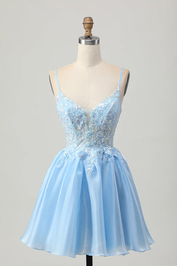 Blue A Line Cut Out Corset Homecoming Dress with Appliques